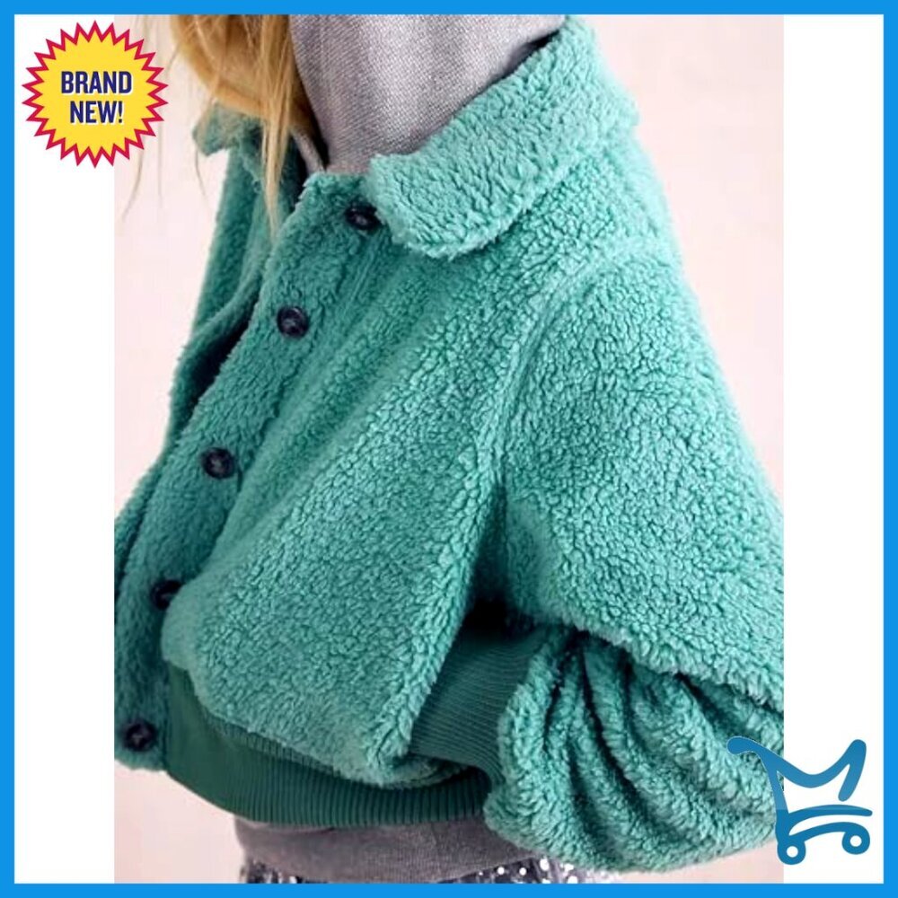 Faux Sherpa Fleece Jacket Long Sleeve Button Down Coat Fluffy Outerwear with - Picture 4 of 4